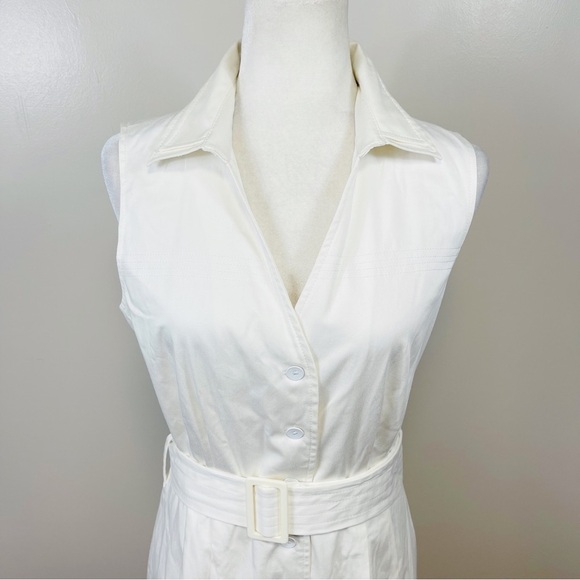 CALVIN KLEIN Ivory White Button Down Sleeveless Belted Dress - Size 10 - Picture 2 of 9